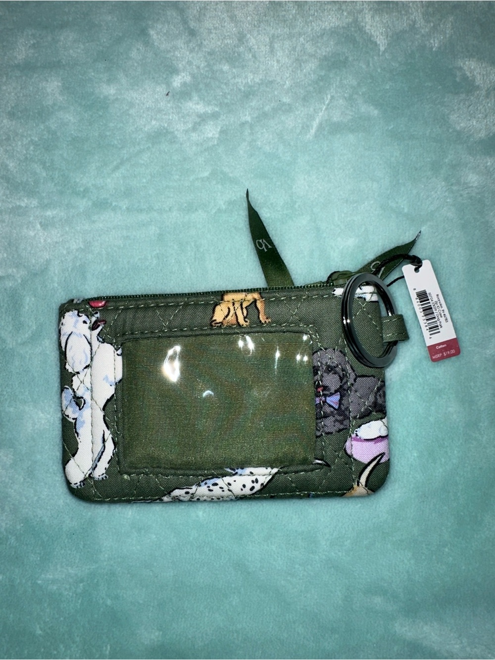 Vera Bradley Olive Green Floral Dog Park Print ID Zip Keychain Wallet-NWT